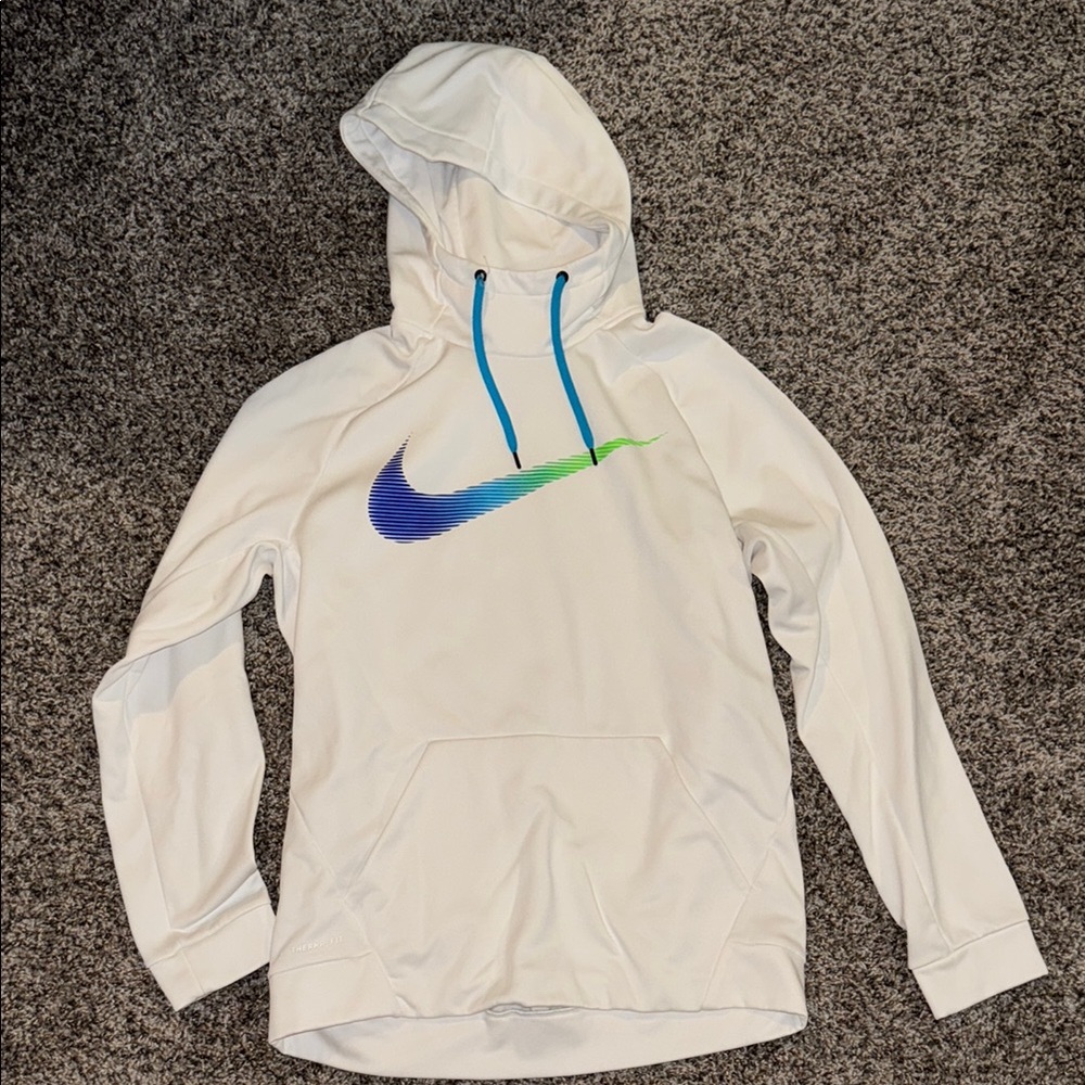 Nike White Hoodie with Blue and Green Gradient Swoosh